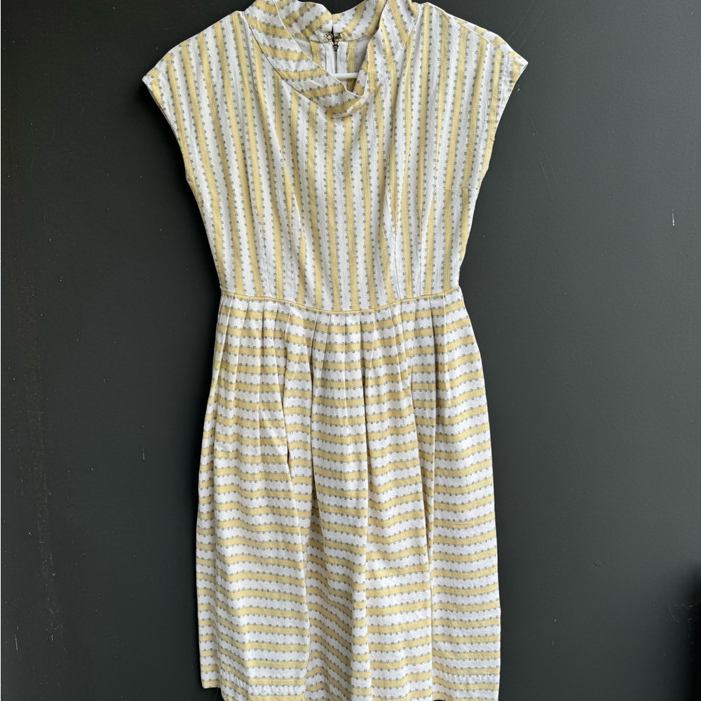 1950s vintage yellow striped round neck midi dress